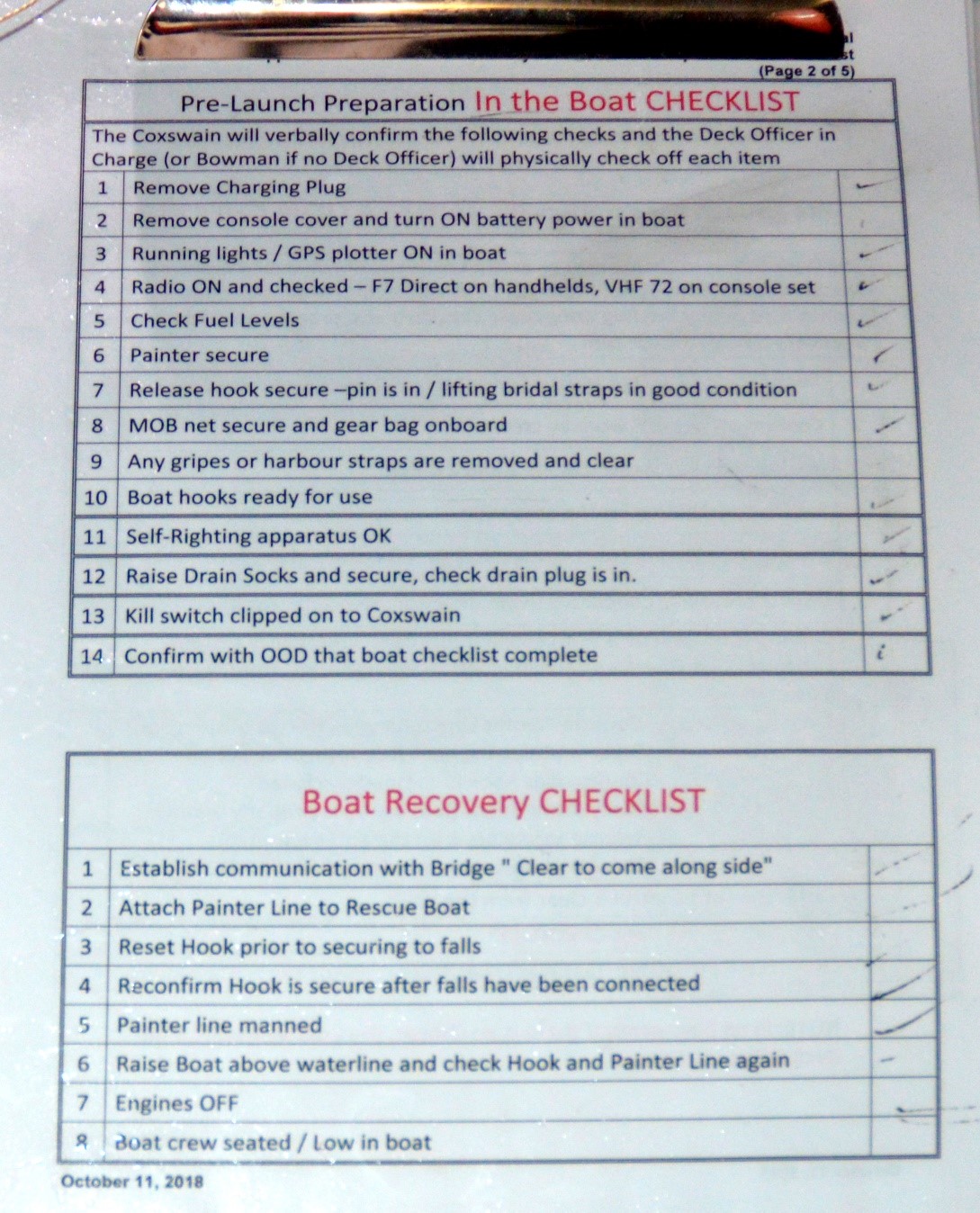 Appendix D – In the Boat checklists for the Spirit of Vancouver Island and the Spirit of British Columbia