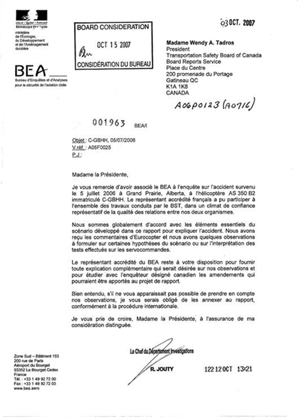 Annexe A - Lettre du Bureau d'Enquêtes et d'Analyses pour la Sécurité de l'Aviation Civile présentant les observations techniques