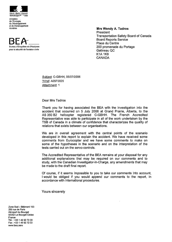Annexe A - Lettre du Bureau d'Enquêtes et d'Analyses pour la Sécurité de l'Aviation Civile présentant les observations techniques (lettre en anglais)